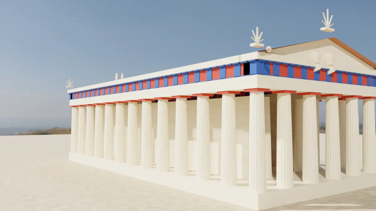 Render 3D del Tempio di Efesto ricostruito con i colori originali